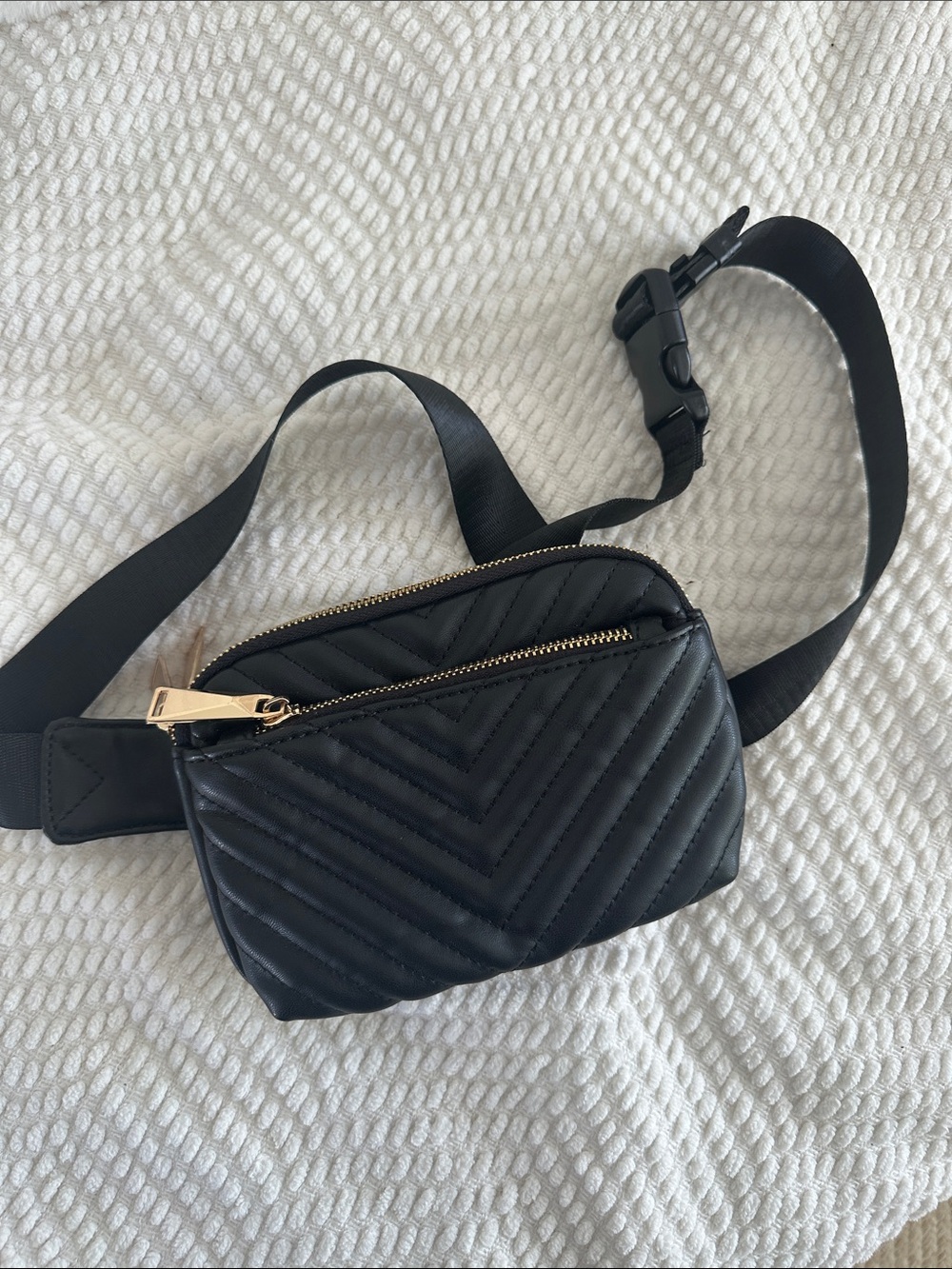 Black Quilted Crossbody Belt Bag with Gold Hardware